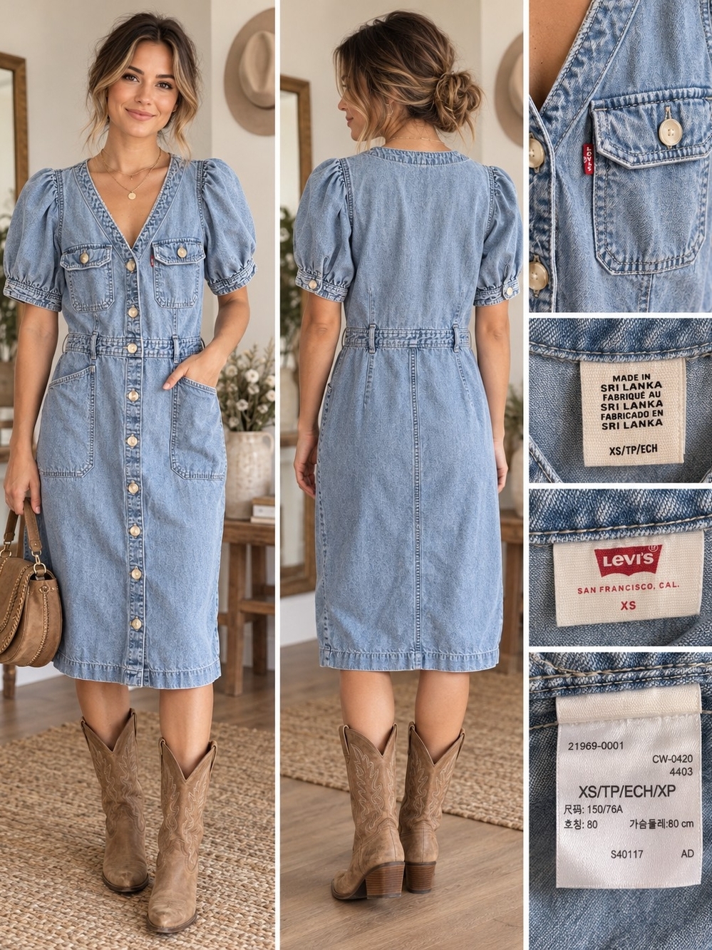 Levi's Women's Light Blue Denim Button-Front Midi Dress W/O Belt.